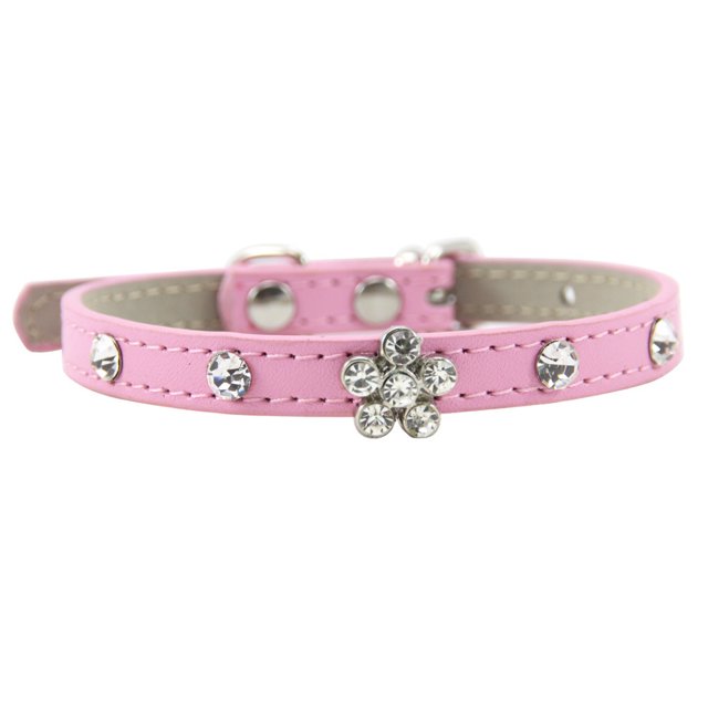 Collar de perro y gato en miniatura de cuero con diamantes de imitación y cristales de calavera elegante, deslumbrante y brillante