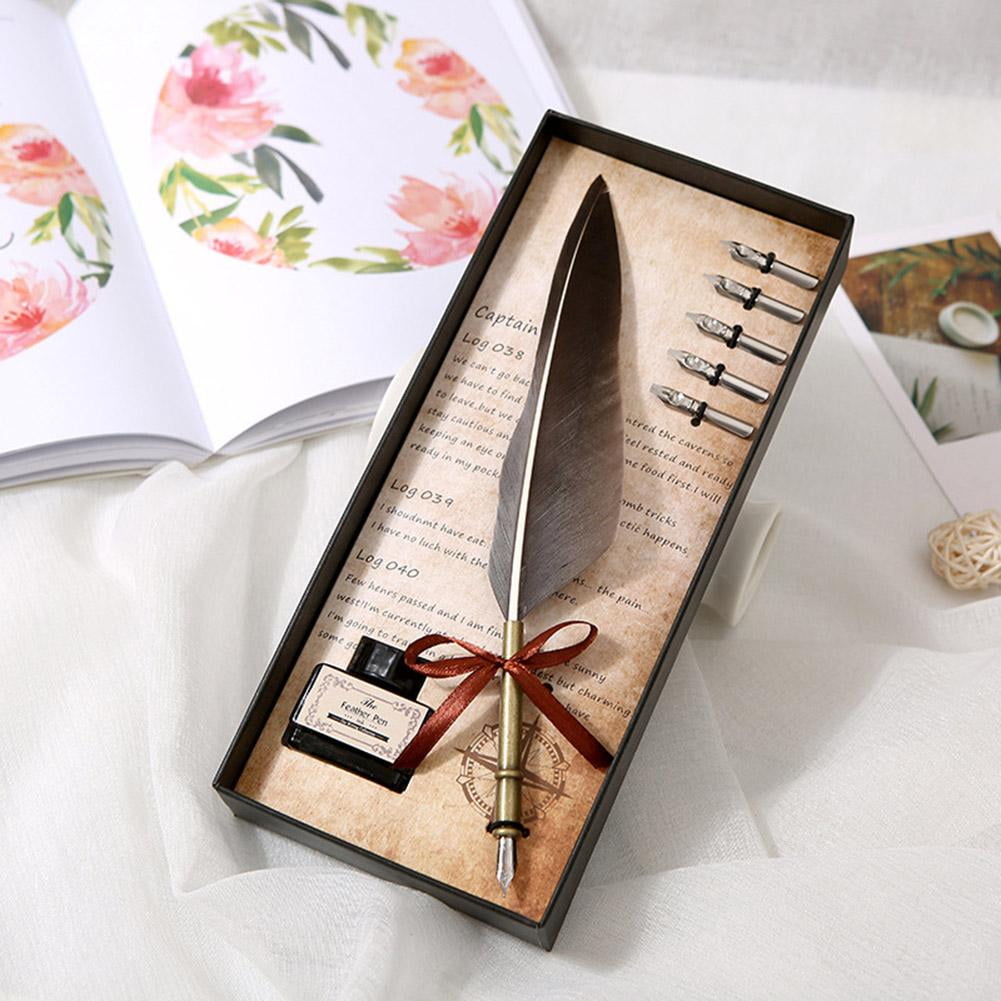 Retro Vintage Quill Feather Pen Calligraphy Dip Set For Writing Gift Box 