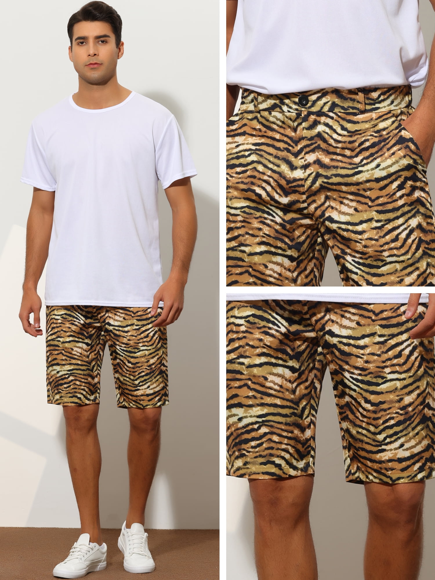 Unique Bargains Men's Animal Printed Shorts Regular Fit Summer Golf Shorts Pants 38 Tiger Print