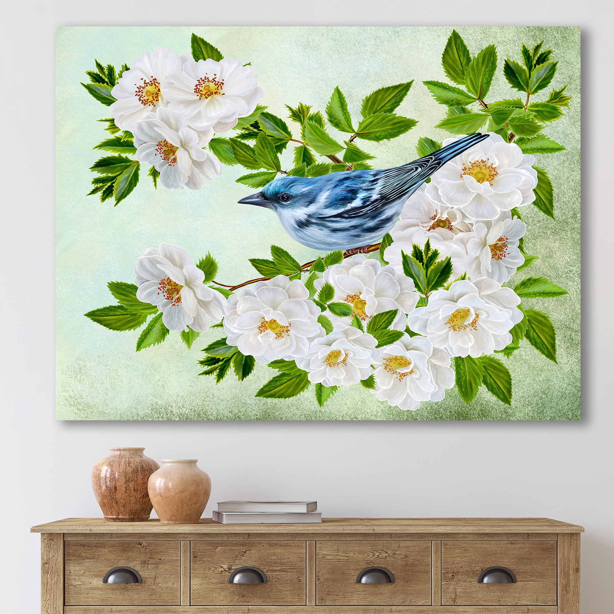 Designart ' Little Blue Bird Sitting On A Branch of White Rose Plant ' Traditional Canvas Wall Art Print