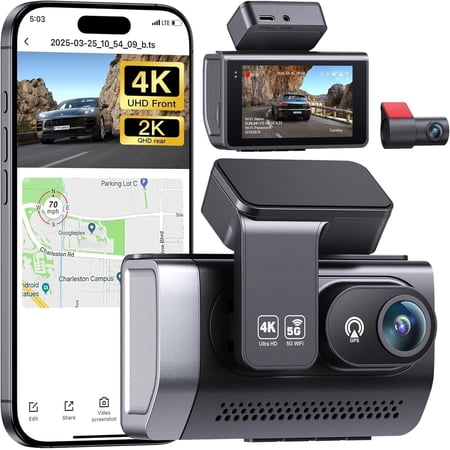 4K Dash Cam Front and Rear with GPS, Upgraded 5.8G WiFi, Dual Dash Camera for , Night Vision, WDR, 160?Wide Angle, 24H Parking , Lock, 3" IPS Screen