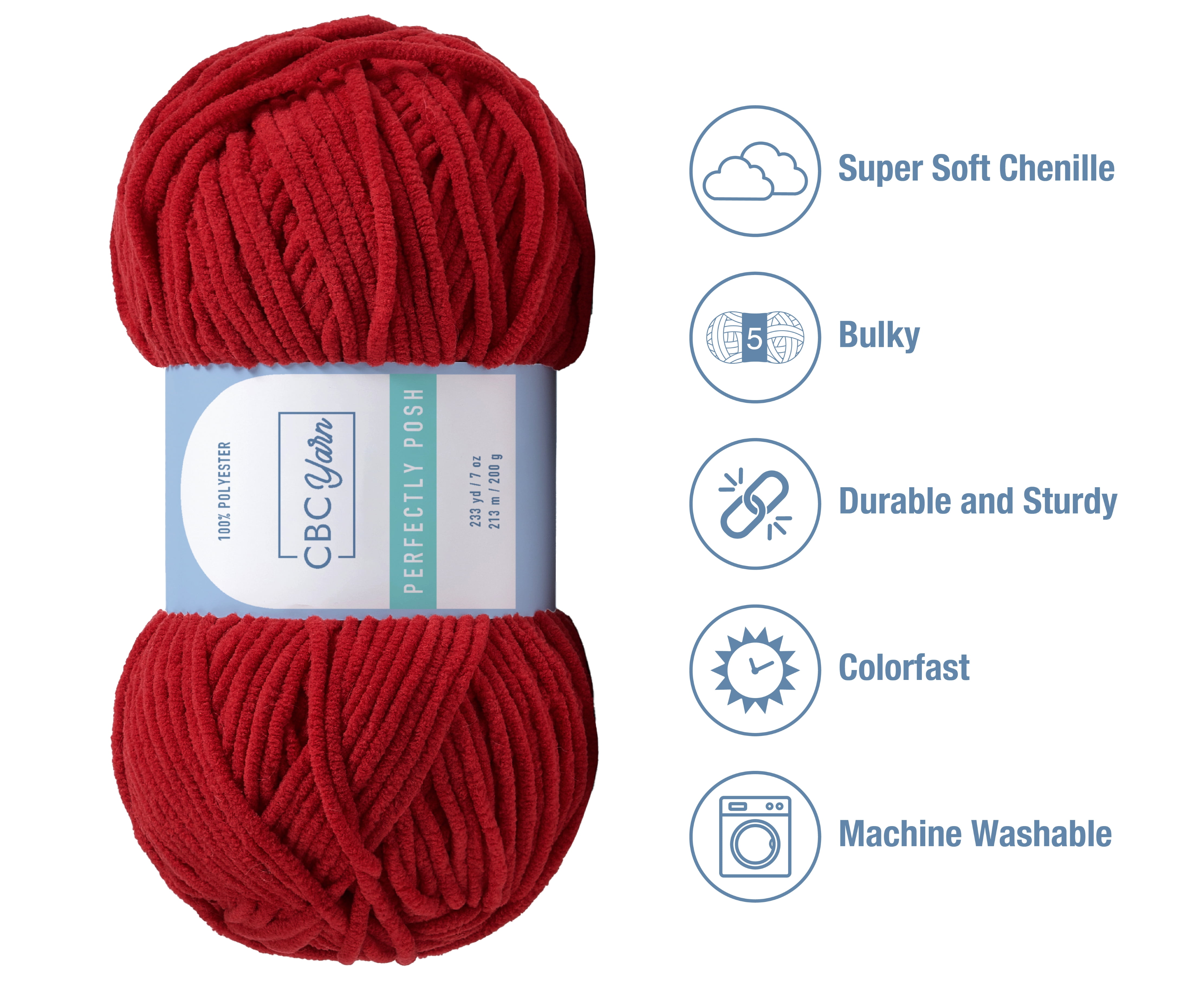 CBC Perfectly Posh Chenille Yarn for Knitting, Crocheting and Amigurumi - 2 Pack (7 oz / 200 g, 233 yards Each Skein), Red, Gauge 5 Bulky
