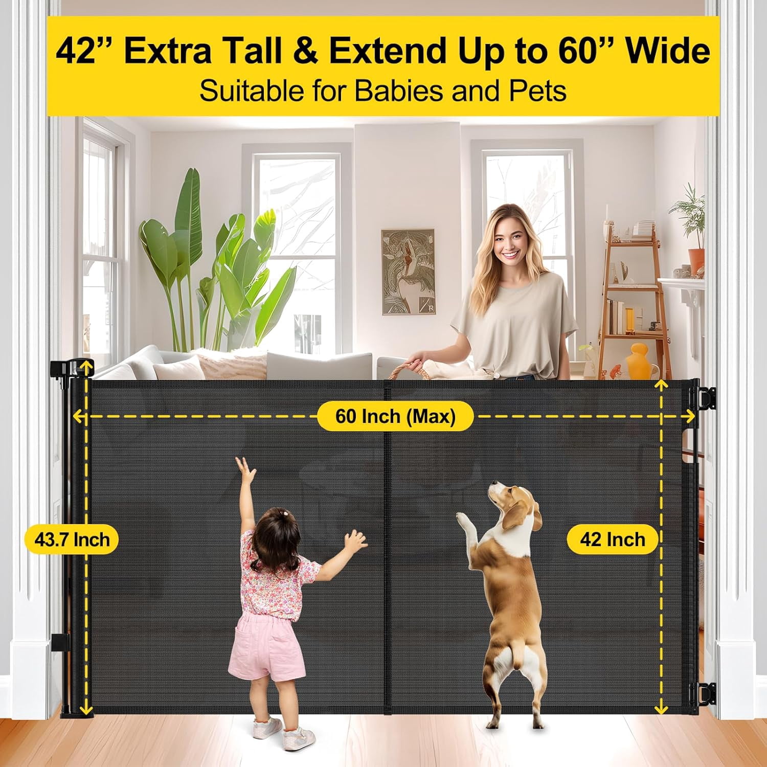 42” Tall x 100” Extra Wide Retractable  Gate for Large Openings Tall Baby Gates for Dogs Pet Gate with Rods to Prevent Crawling Through, Extra Wide Mesh Dog Gate, White