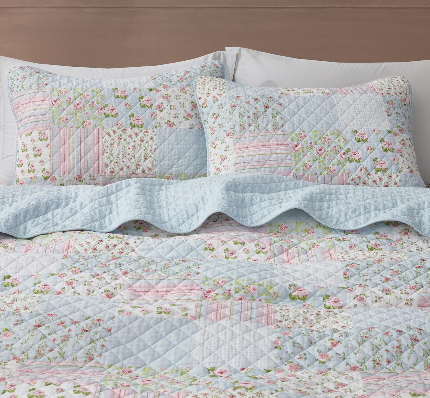 Chezmoi Collection Holly 2-Piece Stone-washed Cotton Quilt Set Twin Size - Printed Floral Patchwork Soft Breathable Lightweight Bedspread Set