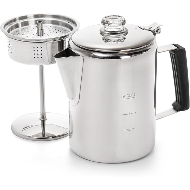 Camping Coffee Pot Stainless Steel, Coffee Pot Outdoors, Durable Stove Top Brew Coffee Maker on Fire, Ideal for Group Camping, Hiking, Backpacking, RV and Travel, 9 Cups