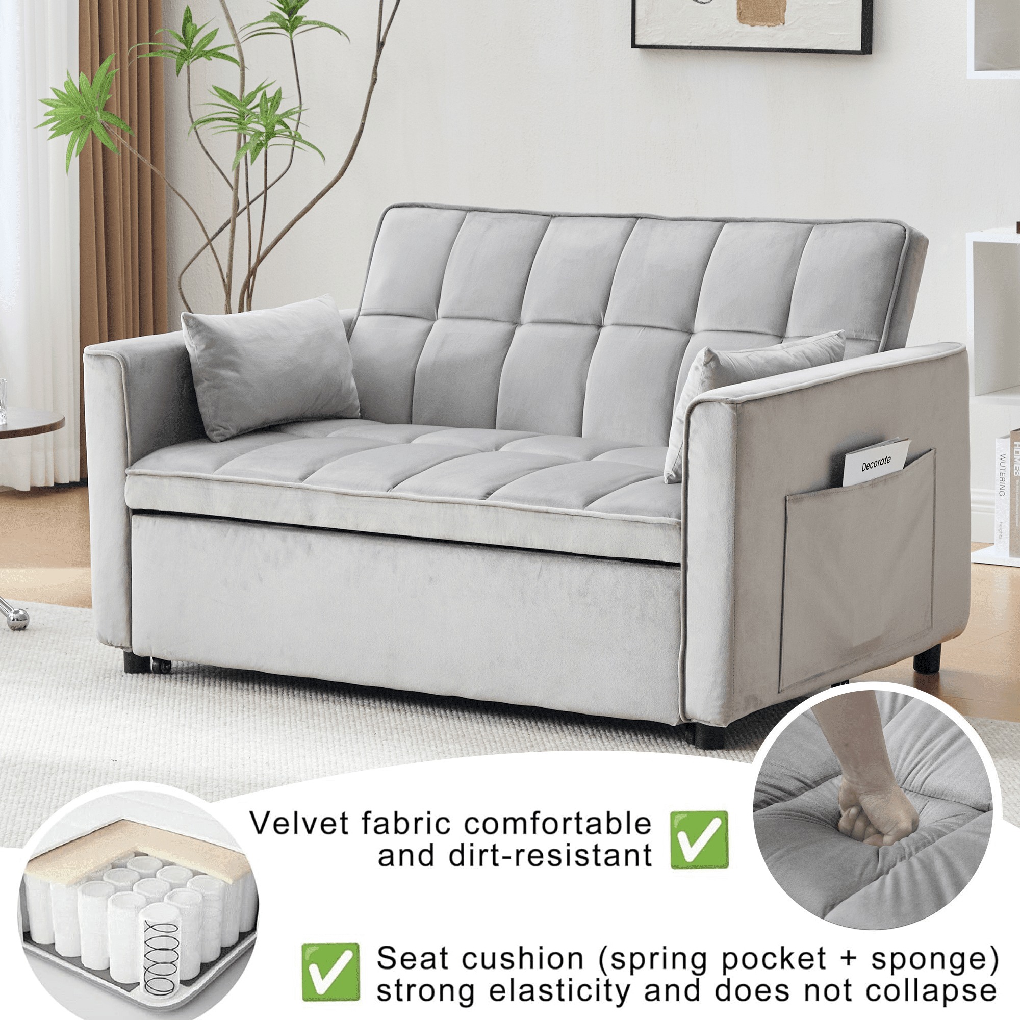 BINBANK Velvet 3-in-1 Convertible Sleeper Sofa – USB Charging, Adjustable Backrest Pull-Out Loveseat Couch for Living Room, Apartment & Small Space,Gray