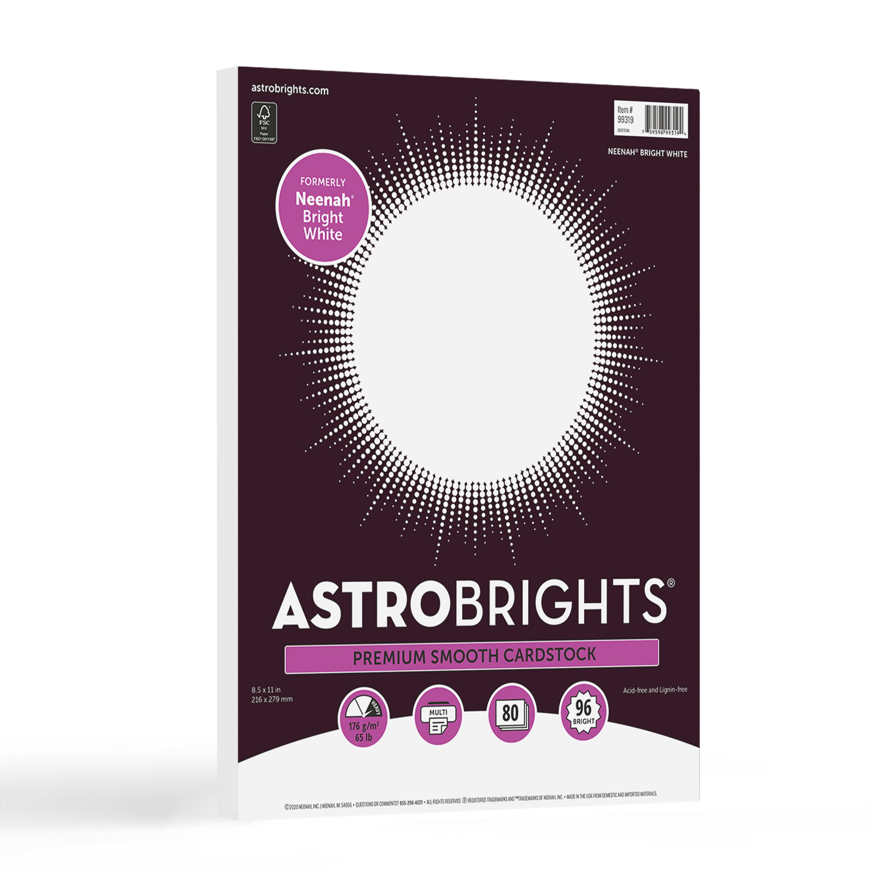 Astrobrights Bright White Cardstock, 8.5" x 11", 65 lb., 80 Sheets