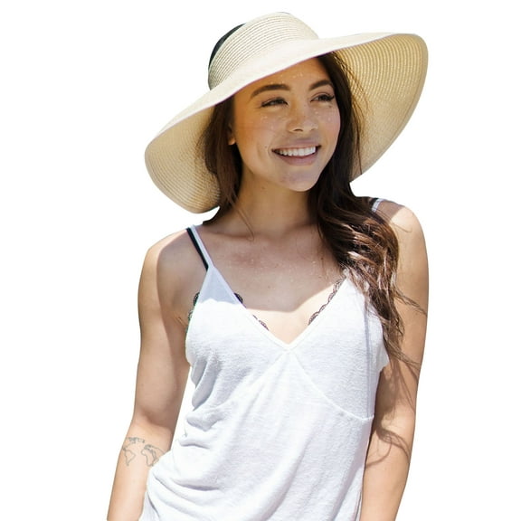 Women's Roll Up Wide Brim Straw Sun Visor Ribbed_Beige/White