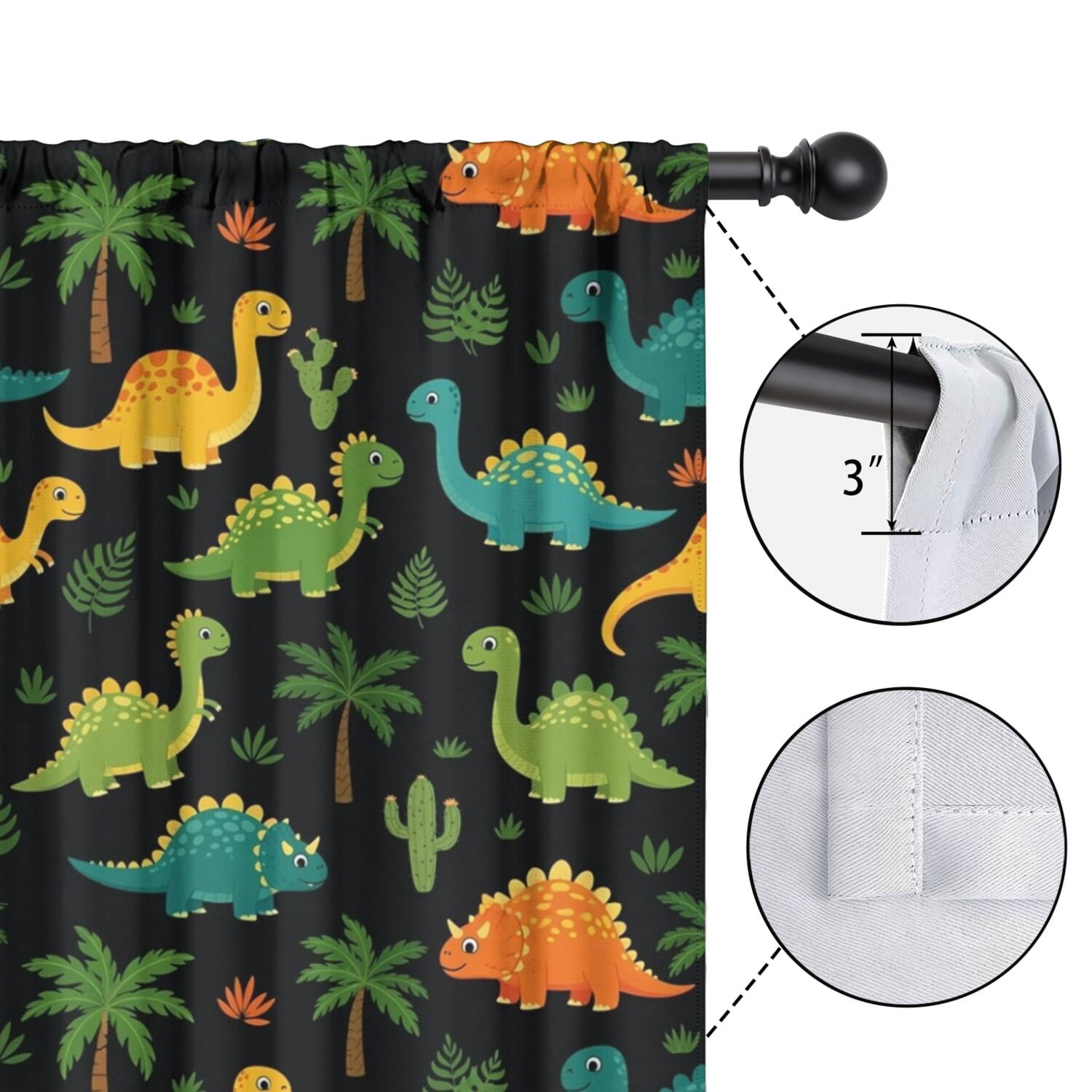 Blackout Kids Curtains,Black Colorful Dinosaurs Pattern Childrens Insulated Curtains Set Of 2,Bedroom Essentials,Toddler Room Decor 52"x63"