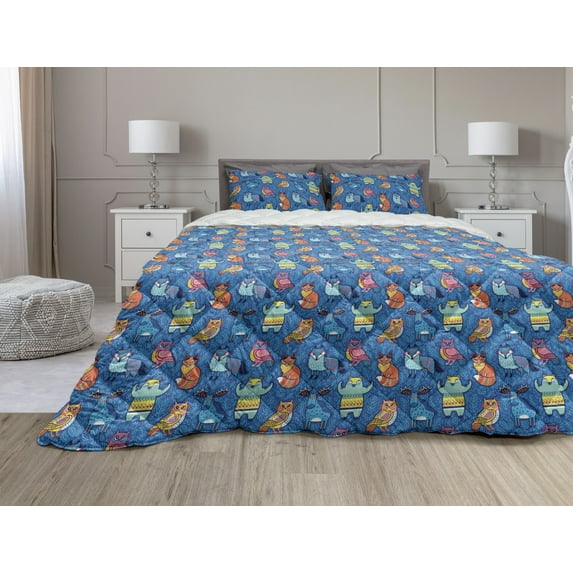 Forest Friends Comforter & Sham Bedding Set, Themed Cartoon Pattern with Ornamental Animals, 3 pcs Duvet Set Microfiber Filling Quilt, 5 Sizes, Cobalt Blue Multicolor, by Ambesonne