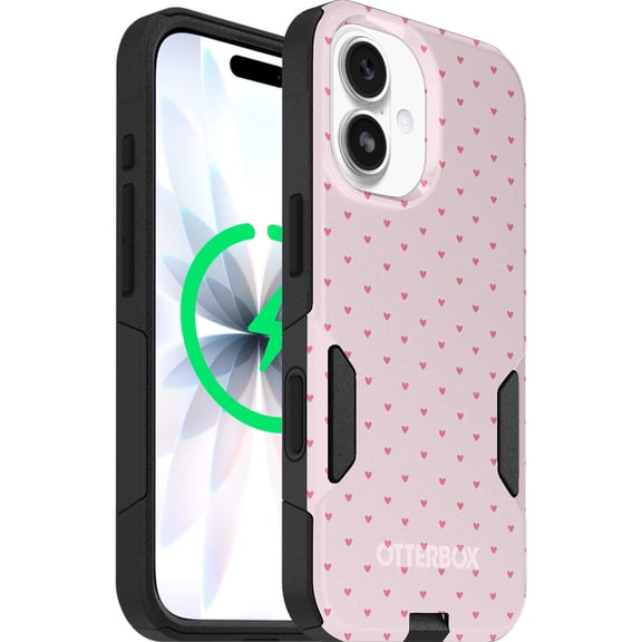 OtterBox iPhone 17 (Only) – Commuter Series Case – Built-In MagSafe – Thin, Dual-Layer, Pocket-Friendly, Port Cover – Love is in the Air Hearts (Pink Heart)