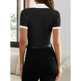thumbnail image 4 of Women's Short Sleeve V Neck T Shirts 2024 Summer Knit Slim Fitted Basic Solid Color Tee Tops, 4 of 6
