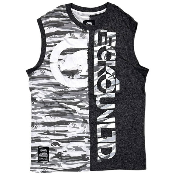 Ecko Unltd Men's Tank Top Split Panel Camo Puff Print Sleeveless Tee T-Shirt (Medium, Black Heather)