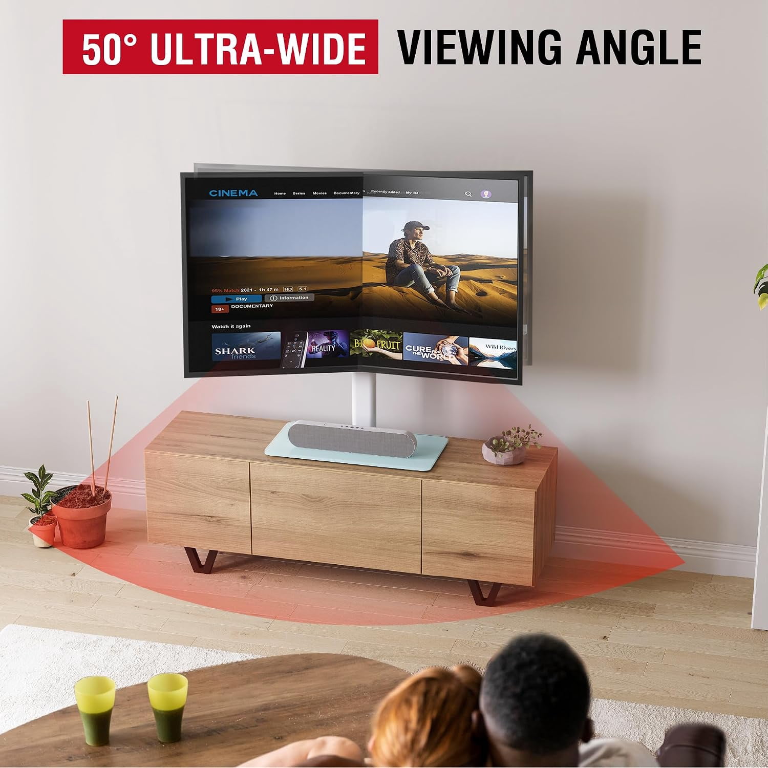 AOKCOS Tabletop TV Stand for 43–85 Inch TVs, White, Swivel & Tilt, Height Adjustable