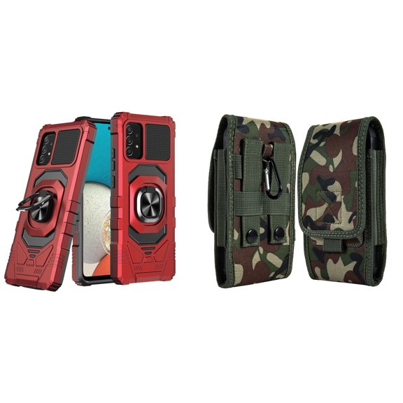 Case with Belt Holster Bundle for Samsung Galaxy A53 5G: Heavy Duty Shield Cover (Red) and Vertical Rugged Nylon Phone Pouch (Green Camo)