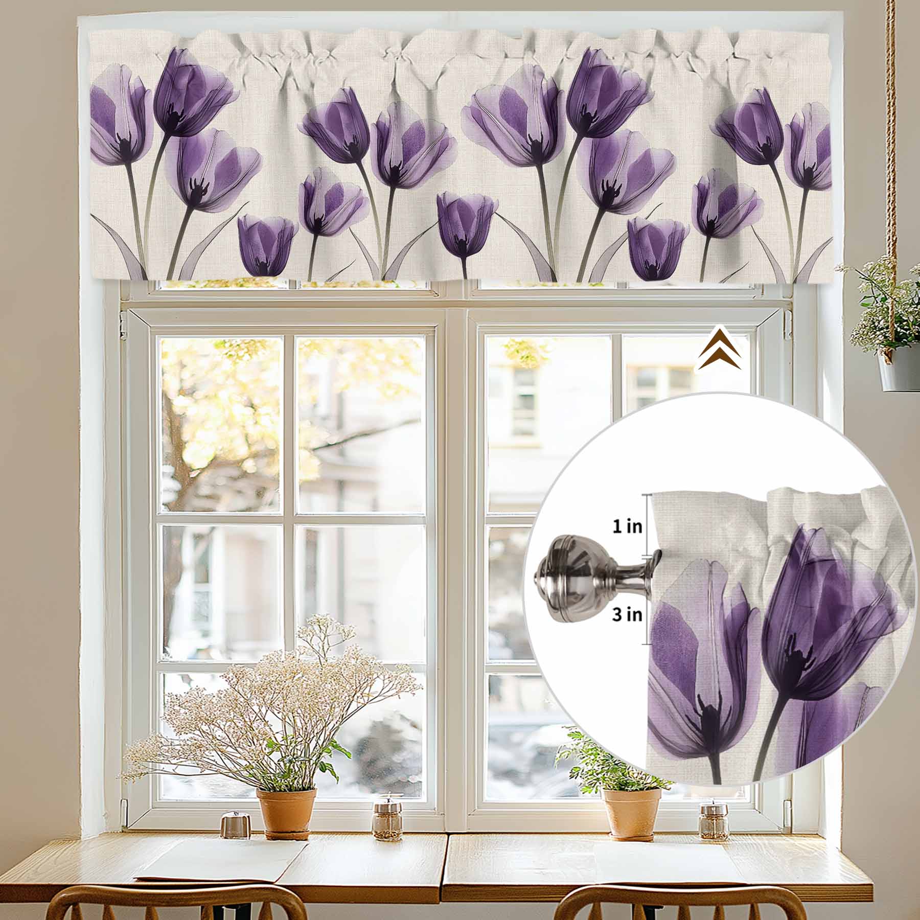 Purple Tulip Valances for Windows, 60 x 18in, Minimalist Modern Flowers Art Linen Background Rod Pocket Kitchen Valance Curtain Light Filtering Window Treatments for Living Room Bedroom, 1 Panel