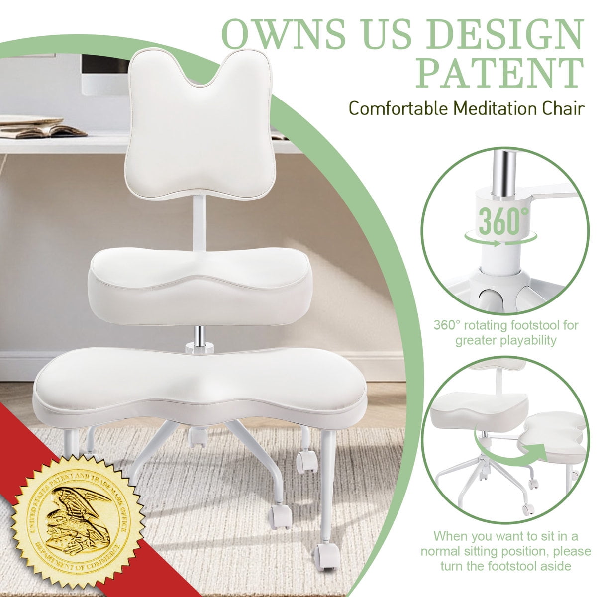 HomeMiYN Cross Legged Meditation Chair with Wheels, ADHD Office Chair, PU Leather Yoga Kneeling Chair with Adjustable Backrest, White