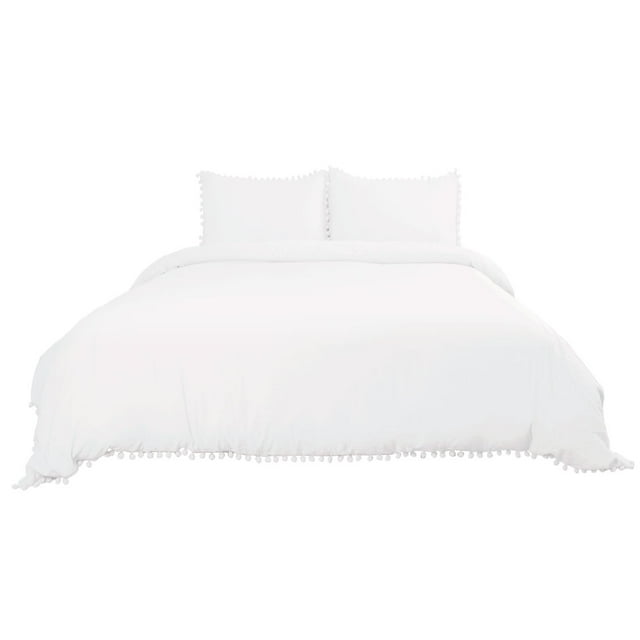Unique Bargains Washed Polyester Duvet Cover Bedding Set with Pompoms Tassels,3-Pieces,