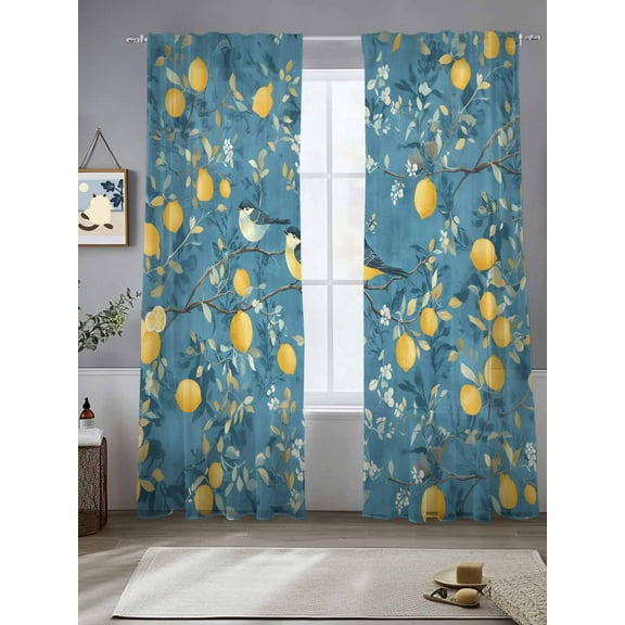 Summer Lemon Sheer Curtains for Living Room Bedroom Spring Flower Bird Watercolor Blue Sheer Curtains 84 Inch Long 2 Panels Set Light Filtering Curtain Window Treatments Drapes for Dining Room