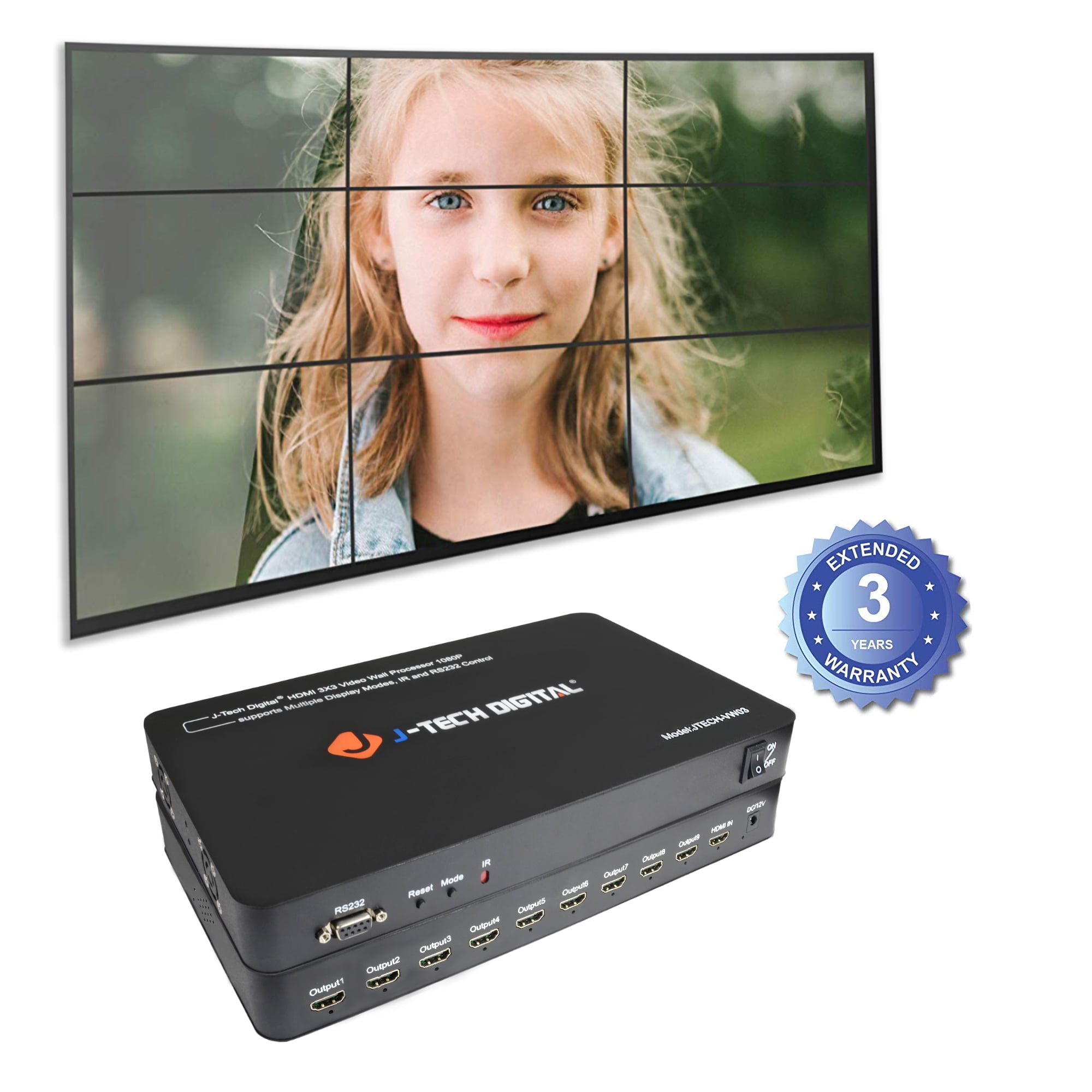 JTech Digital Video Wall Controller 3X3 1080P 9 HDMI Outputs with 13