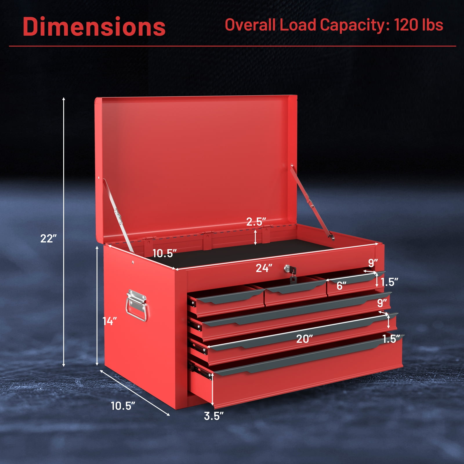 Gymax 24'' Tool Chest Case Steel Tool Box w/ 6 Drawers Top Storage Automatic Lock Red