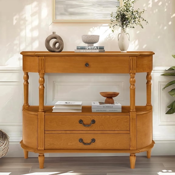 LKTART Retro Curved 43 Inch Half Moon 3 Drawers Open Shelf Solid Wood Console Table