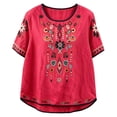 thumbnail image 2 of BODOAO Women's Embroidered Cotton Linen Peasant Top, Short Sleeve Boho Mexican Tunic Blouse, Loose Casual Summer T Shirt for Festival, Vacation, Beach, Daily Wear Red L, 2 of 4