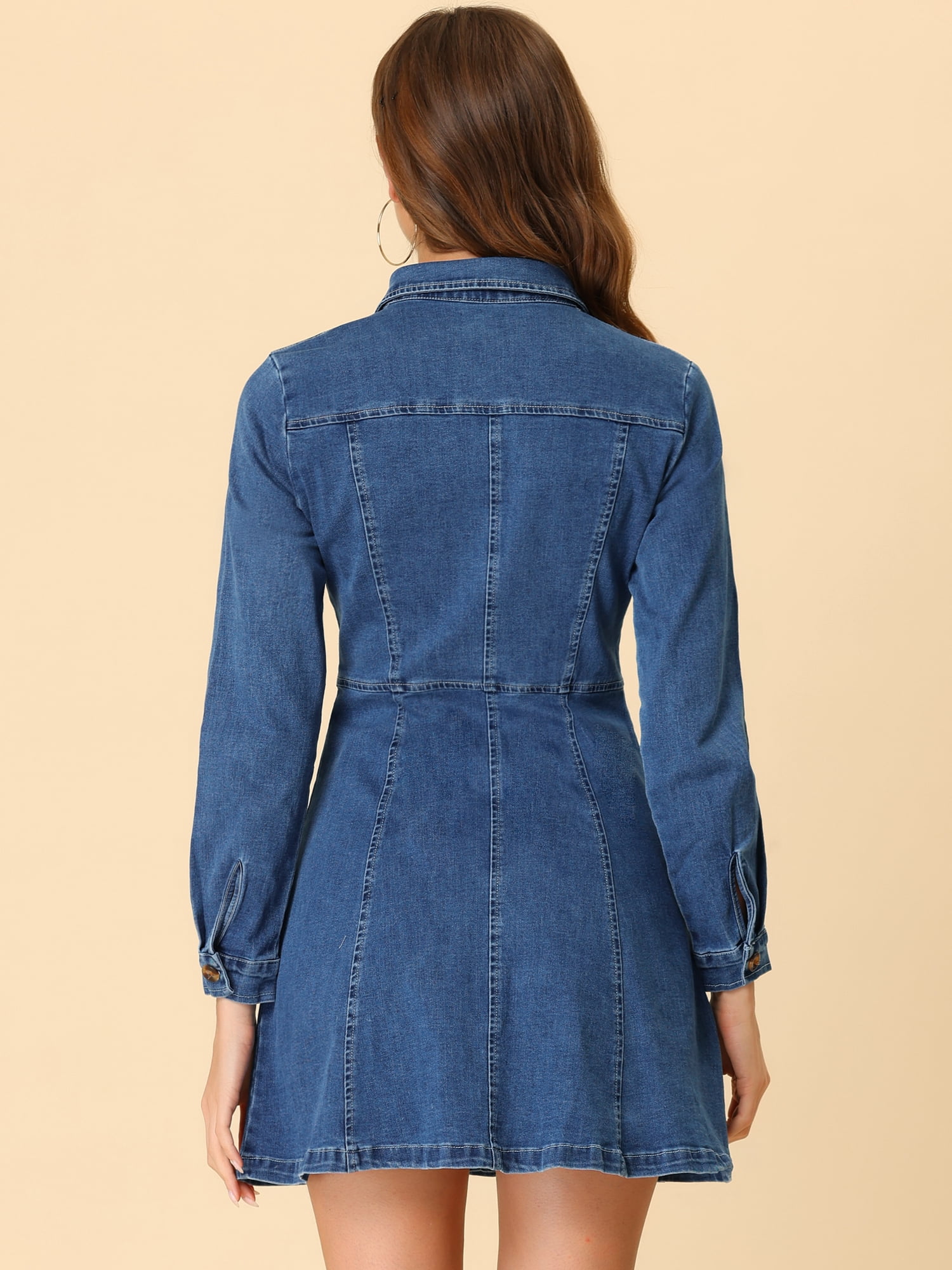 DARING DIVA Button Down Collar V-Neck Roll Up Sleeves Denim Shirt Dress 3XL Blue