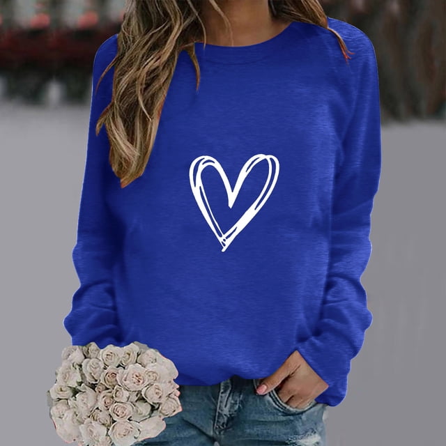 Meichang Sweat-Shirt pour Femmes Col Rond Manches Longues Coupe Ample Pull Mode Imprimé Cœur Sweat-Shirts Sans Capuche