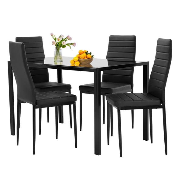 5-Piece Black Glass Dining Table Set With 4 Upholstered Chairs