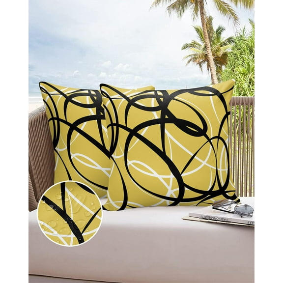 Outdoor Throw Pillow Cover Geometric Black White Curve Stripe Waterproof Cushion Covers 2 Pack Abstract Wave Line on Yellow Pillow Cases Home Decoration for Patio Garden Couch Sofa