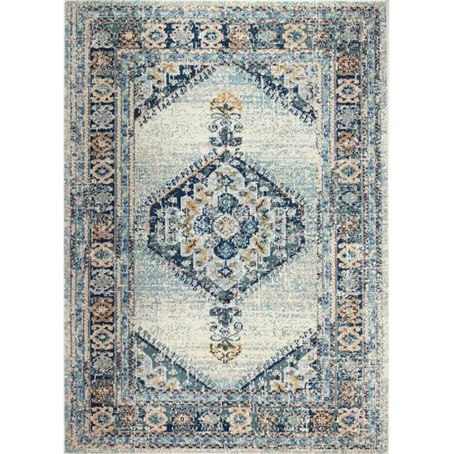 Bashian D113-IVBL-76X96-MH102 Dakota Collection Geometric Transitional Polypropylene Power Loom Area Rug, Ivory & Blue - 7 ft. 6 in. x 9 ft. 6 in.