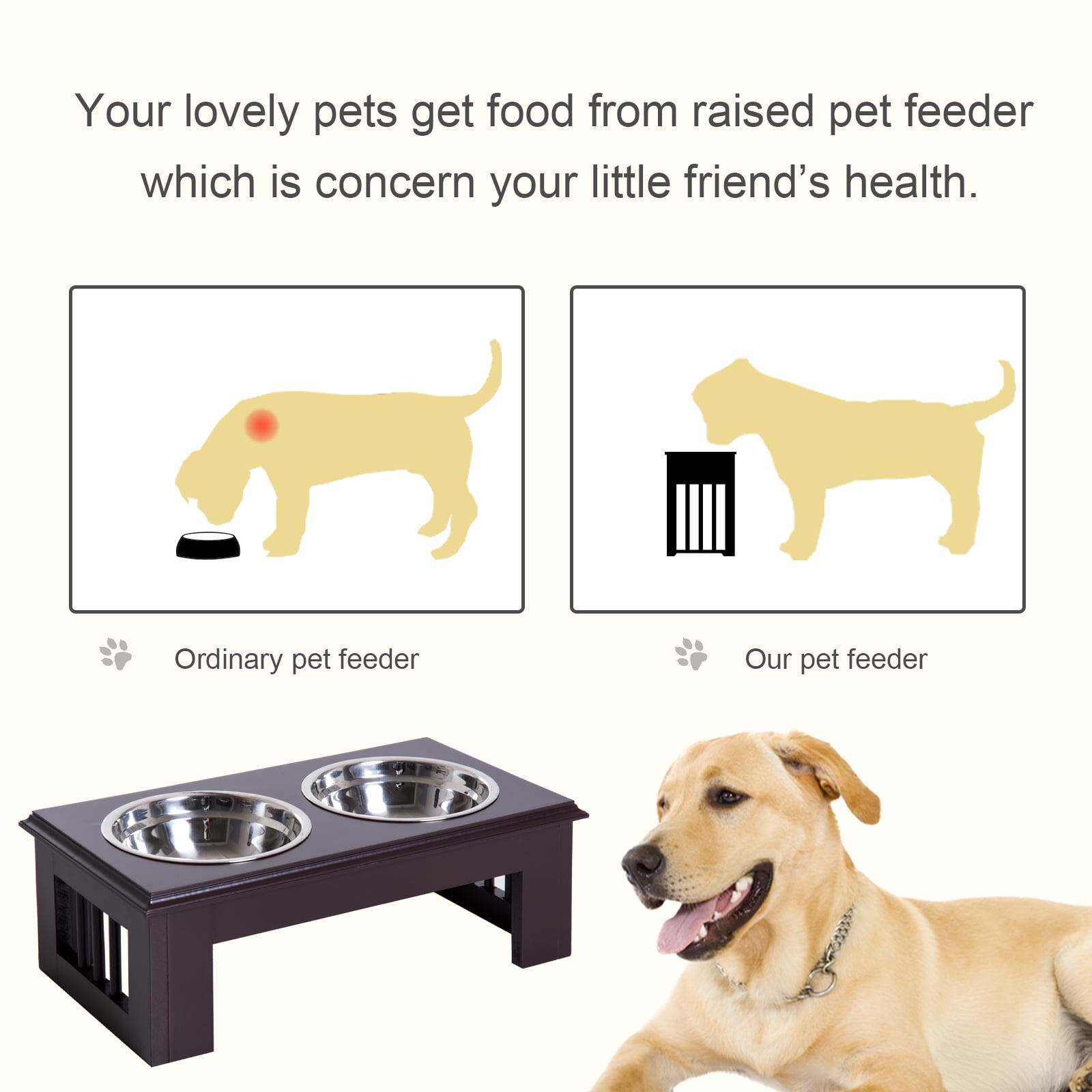 PawHut 6" Height Small Puppy Dog Feeding Station for Messy Pets, Stainless Steel Elevated Dog Bowls with Modern Wooden Frame, Dog Food Stand Pet Feeding Station, Dark Brown