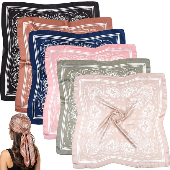 6Pcs Silk Head Scarves for Women Satin Hair Scarf 35”Large Square Bandana Silk Like Neck Scarf Shawl