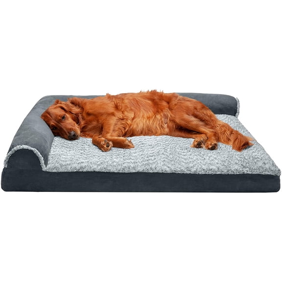 MY Memory Foam Dog Bed for Large Dogs w/ Removable Bolsters & Washable Cover, For Dogs Up to 95 lbs - Two-Tone Plush Faux Fur & Suede L Shaped Chaise - Stone Gray, Jumbo/XL