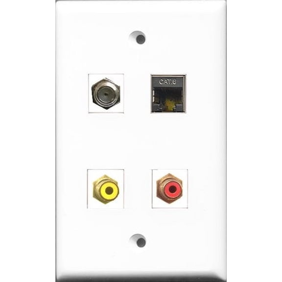 RiteAV 1 Port RCA Red and 1 Port RCA Yellow and 1 Port Coax Cable TV- F-Type and 1 Port Shielded Cat6 Ethernet Wall Plate