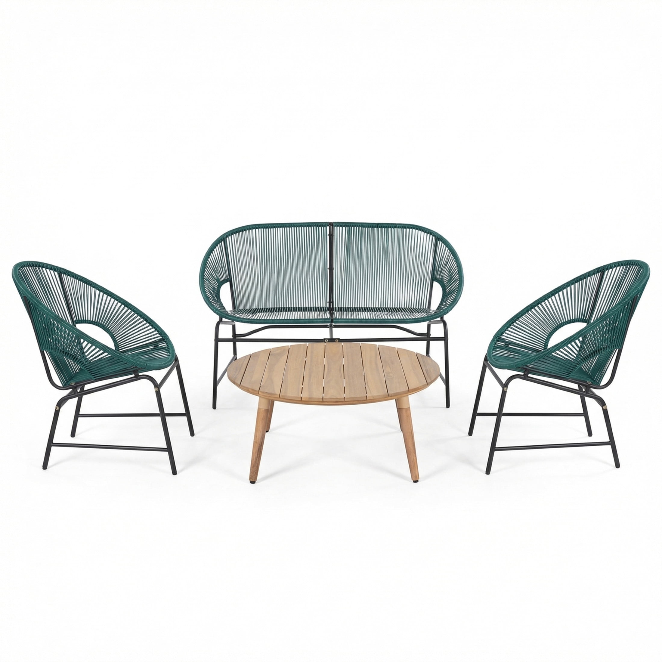 Christopher Knight Home 4-Piece Outdoor Chat Set, Rattan Loveseat, Chairs and Wood Coffee Table, Teal