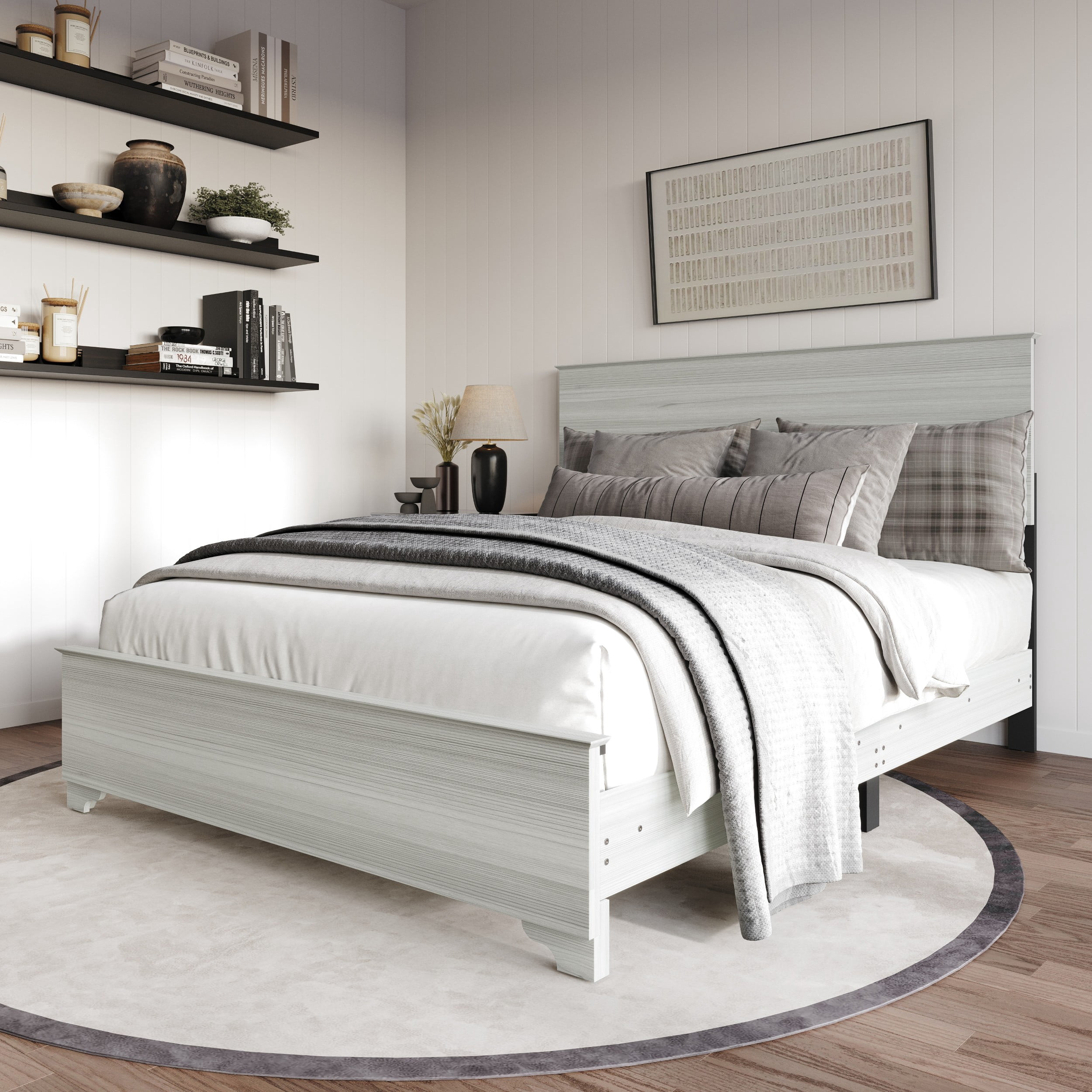 Home Design Harley King Panel Bed Frame With Wood Headboard & Footboard, Require Box Spring, Light Gray, Easy Assembly