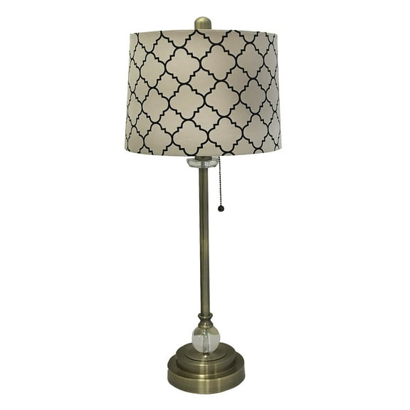 Royal Designs 28" Crystal and Antique Brass Lamp with Eggshell and Black Moroccan Print Shallow Drum Hardback Lamp Shade