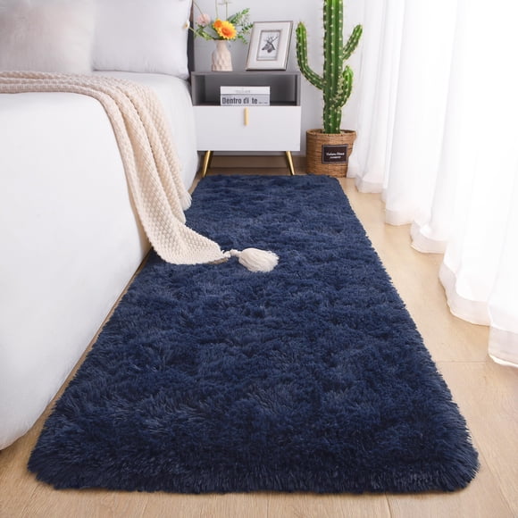 Alfombra Runner Chicrug Plush Fluffy 61 x 152 cm, color azul marino