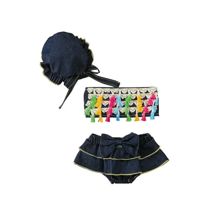 

Calsunbaby Newborn Baby Girls Summer 3pcs Outfits Set Tassels Tube Tops Culottes Bucket Cap Denim Clothes Navy Blue 0-6 Months