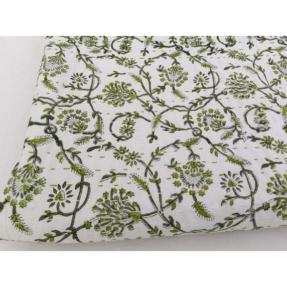 Green floral Kantha Quilt Handblock Print floral Netural Colour Green floral Kantha Quilt A And E Textiles House