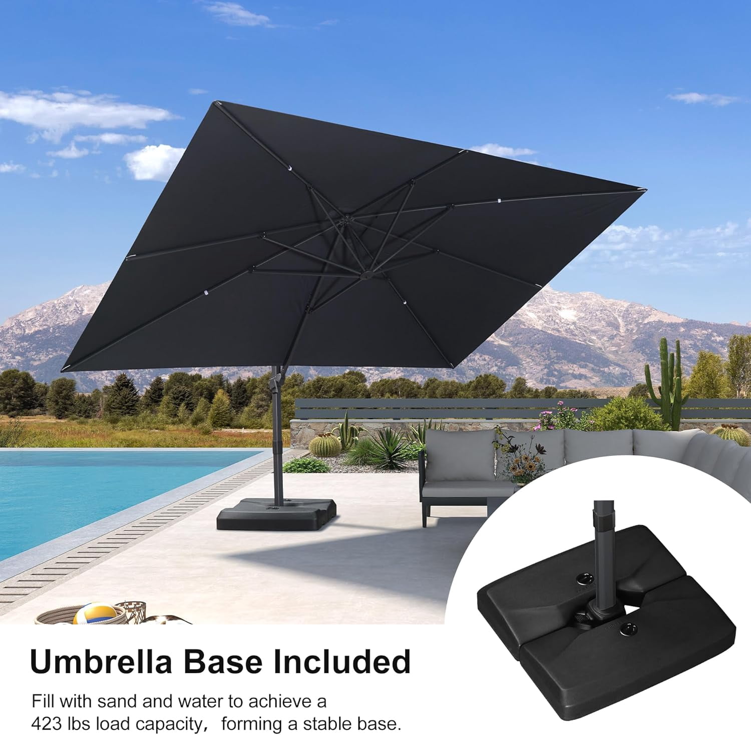 PURPLE LEAF OUTDOOR 10' × 13' Patio Cantilever Umbrella with Base Outdoor Rectangle Adjustable Offset Umbrellas with 360-degree Rotation and 8 Heavy Duty Metal Ribs for Garden Deck Pool Grey
