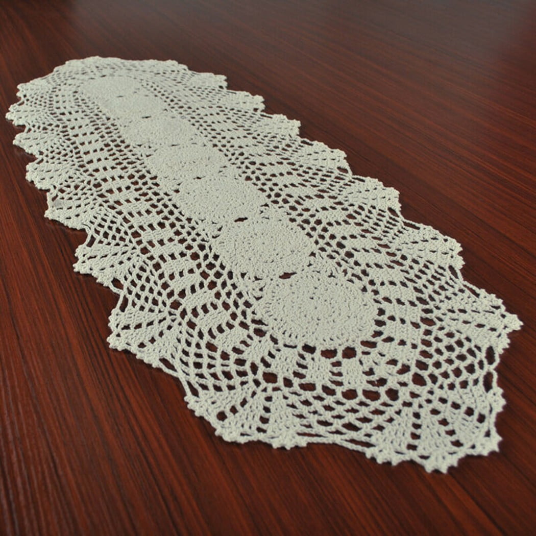 Beige Lace Rectangular Table Runner Dresser Scarf Hand Crochet Doily 15x35inch 