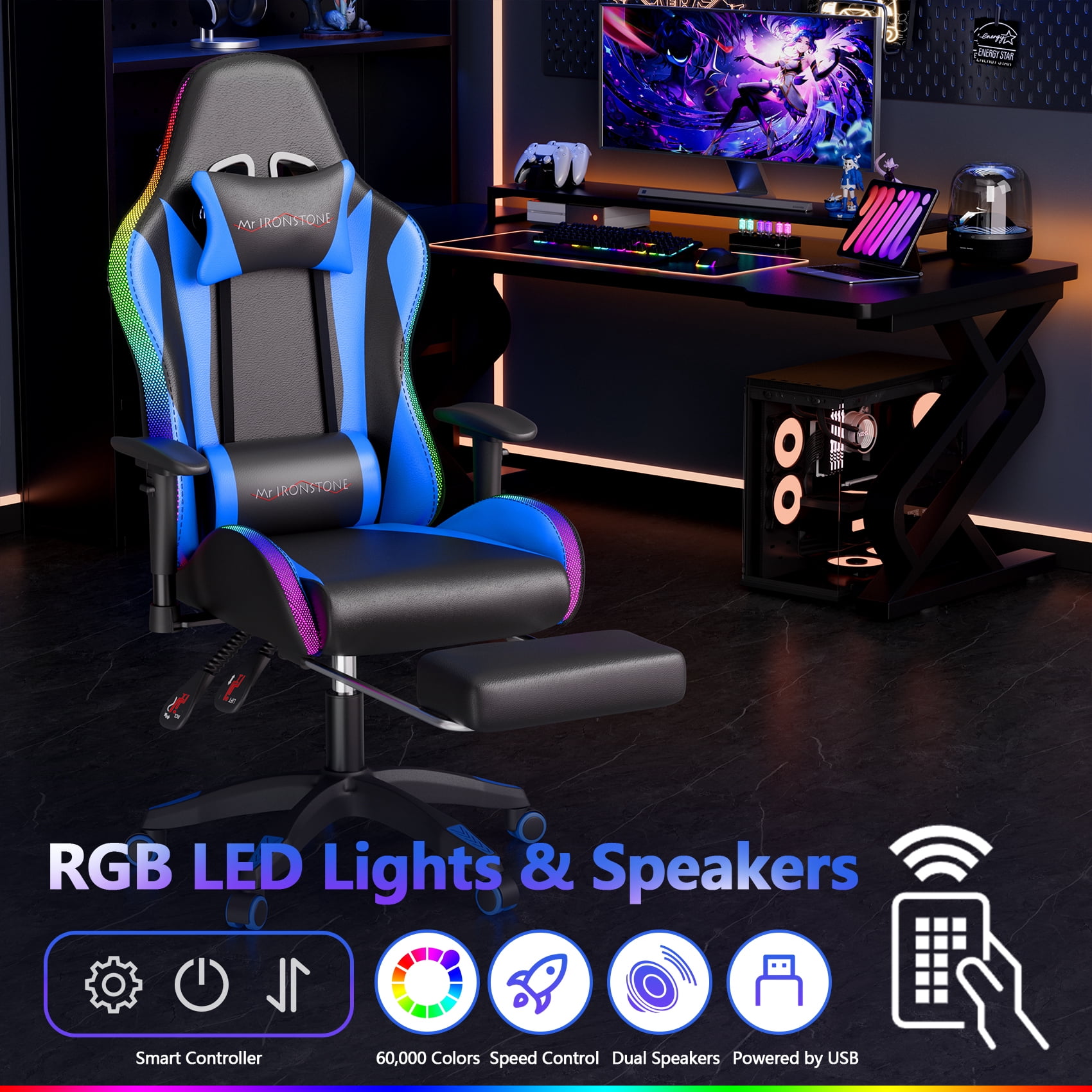 Mr IRONSTONE Gaming Chair with Bluetooth Speakers and RGB LED Lights, Ergonomic Massage Computer Chair with 3D Armrests and Footrest, Blue/Black