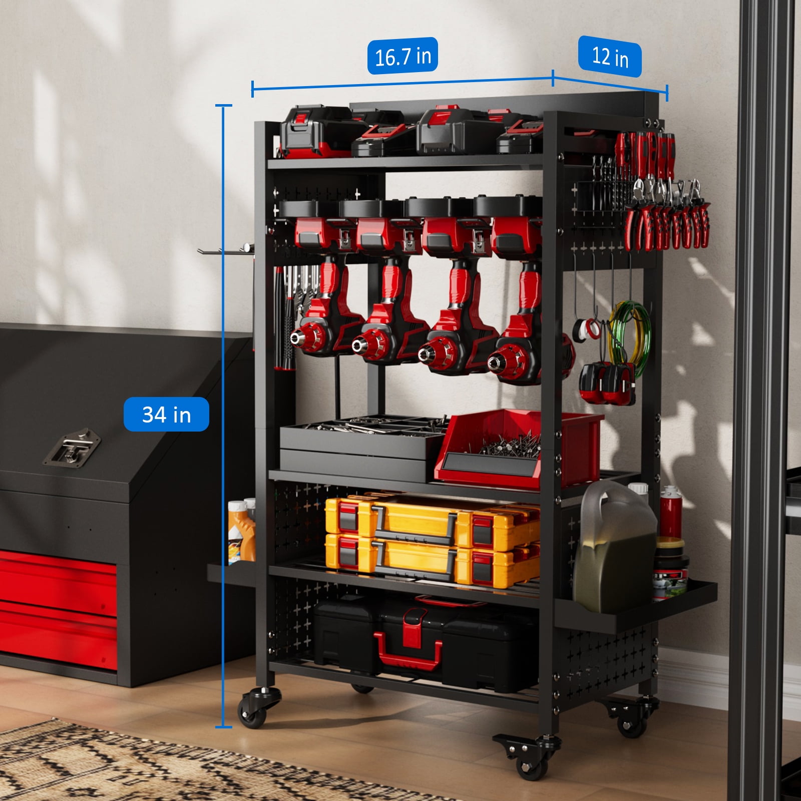 VDEVY Power Tool Organizer Cart with 8 Charger Ports & Adjustable Storage, Garage Workshop Utility Cart for Mechanic, Birthday Gift Ideas for Men