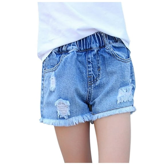 WREESH Toddler Girls Spring and Summer Breaking Hole Pocket Elastic Waist High Waisted Denim Shorts Wide Leg Casual Jean Shorts with Pockets Light Blue