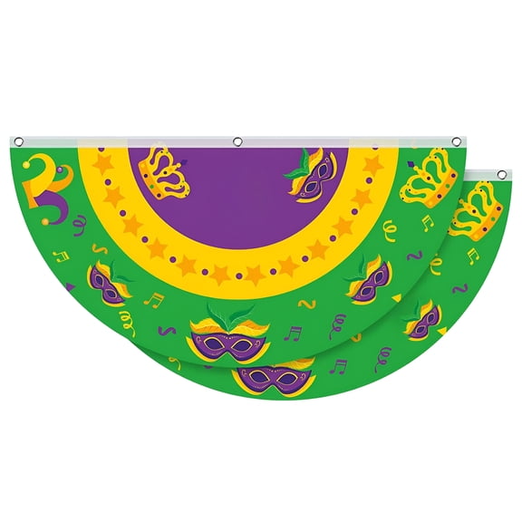 AUQ 2PC Mardi Gras Bunting Decorations Polyester Flag Bunting Happy Carnival Decoration For Home Indoor Outdoor Festival Decoration