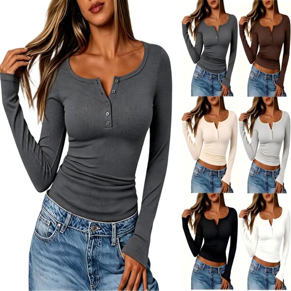Tqcoqu Women's 2026 Fall Long Sleeve Henley T Shirts,Button Ribbed Knit Slim Fit Basic Tops Blouse Casual Outfits,Beige Women's S-XXL