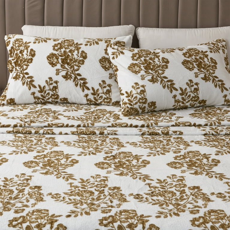 Great Bay Home Printed Velvet Plush Warm and Cozy Fleece Sheet Set California King Toile Olive